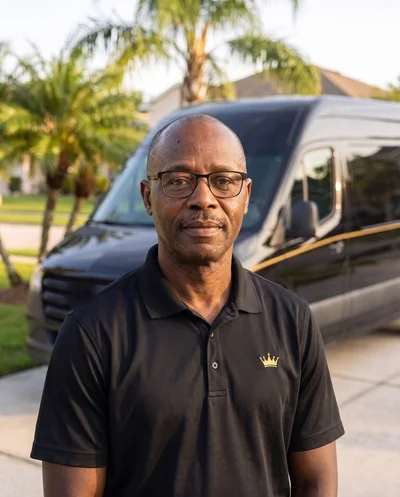 Amrose Bruno in a black Bruno Car Wash polo, standing in front of the company van