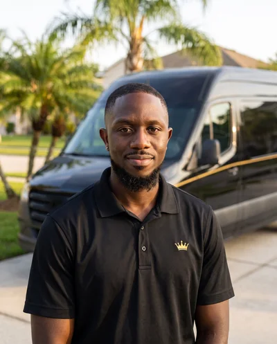 Elijah Amevor in a black Bruno Car Wash polo, standing in front of the company van