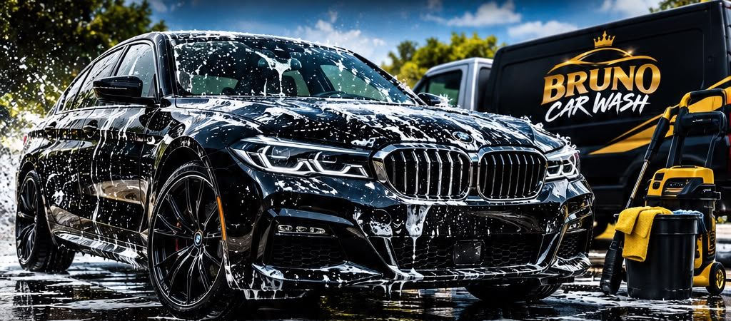 A black sedan covered in foam during a hand wash, with the Bruno Car Wash van and pressure washer behind it
